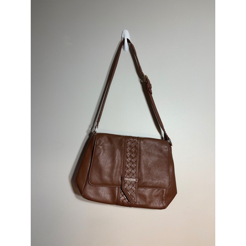 Cole Haan Brown Leather Woven Accent Messenger Crossbody Bag Shoulder Bag